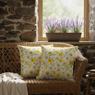 Geel Waterverf Wildbloemen Patroon Kussen