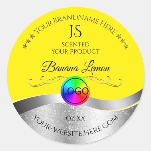 Geel Wavy Zilver Logo Monogram Productlabel Ronde Sticker (Voorkant)