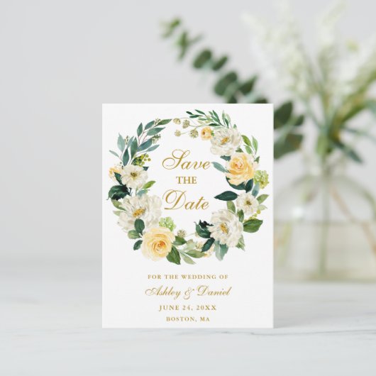 Geel Wit Bloemen Krans Goud Save the Date Aankondigingskaart (Staand voorkant)