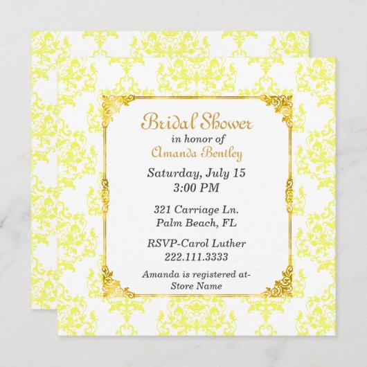 Geel & Wit Damask Bruids Douche Uitnodiging (Voorkant / Achterkant)