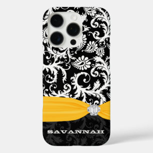 Geel & Wit Damask Gedrukt Faux Rhinestone iPhone 16 Pro Hoesje