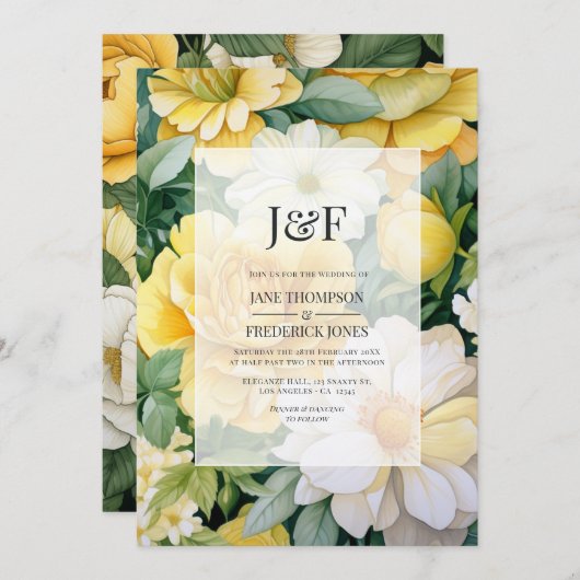 Geel, wit en groen Bloemen bruiloft Monogram Kaart (Voorkant / Achterkant)