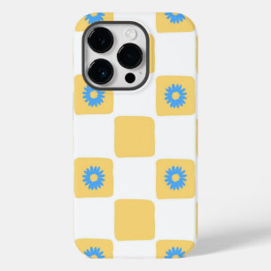 Geel wit geruit met blauw bloemenpatroon Case-Mate iPhone 14 pro hoesje