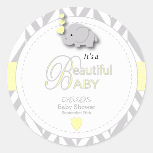 Geel, wit grijs Baby shower Ronde Sticker (Voorkant)