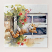 Geel Wit Kat Venster Bloemdoos Schilderen Legpuzzel (Horizontaal)