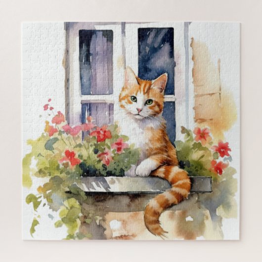 Geel Wit Kat Venster Bloemdoos Schilderen Legpuzzel (Verticaal)