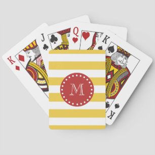 Geel wit Stripespatroon, rood monogram Pokerkaarten