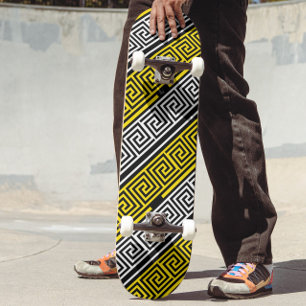 Geel Wit Zwart Grieks Sleutel Fret Patroon Ontwerp Skateboard