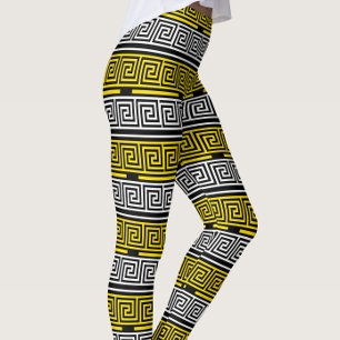 Geel Wit Zwart Griekse Sleutel Fret Patroon Ontwer Leggings