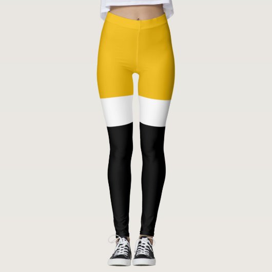 Geel Wit Zwart Kleur Block Style Design Leggings (Voorkant)