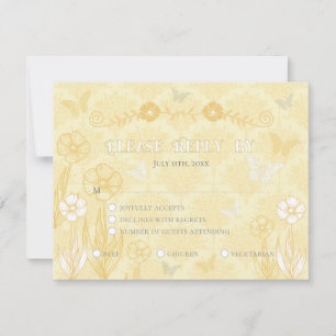 Geel Witte Bloemen en Vlinders Bruiloft RSVP Kaartje