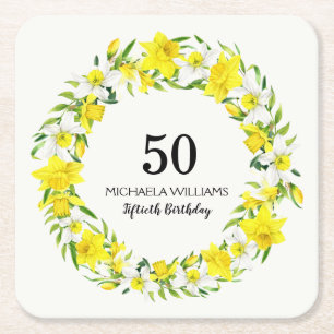 Geel Witte Daffodil Wreath 50th Birthday Vierkante Kartonnen Onderzetter