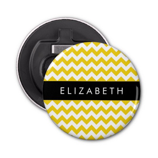 Geel zigzag, Geel Chevron, Jouw naam Button Flesopener (Voorkant)