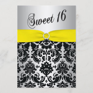 Geel, zilver, Black Damask Sweet 16 Uitnodiging