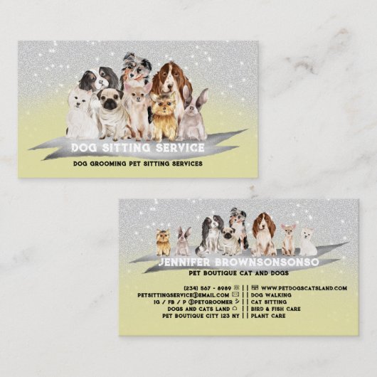 Geel Zilver Sparkles Petsitter Dog Walker Visitekaartje (Voorkant / Achterkant)