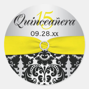 Geel, zilver, zwart Damask Quinceanera Sticker