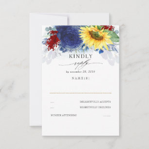 Geel Zonnebloem Blauw en Rood Herfst Bruiloft RSVP Kaartje