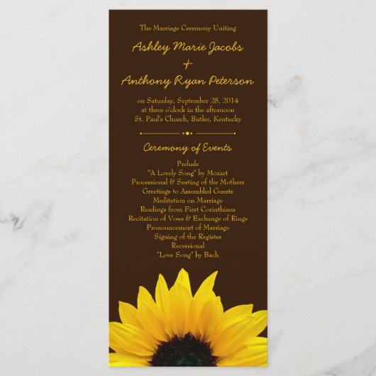 Geel Zonnebloem Bruin Bruidsbruiloft programma (Voorkant)