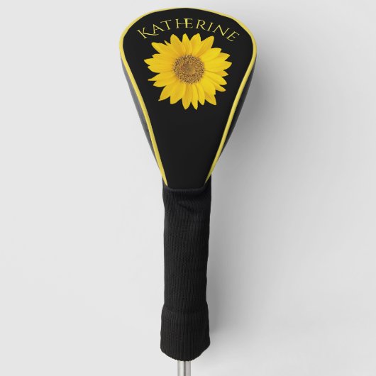 Geel Zonnebloem Custom Name Zwart Golfheadcover (Voorkant)