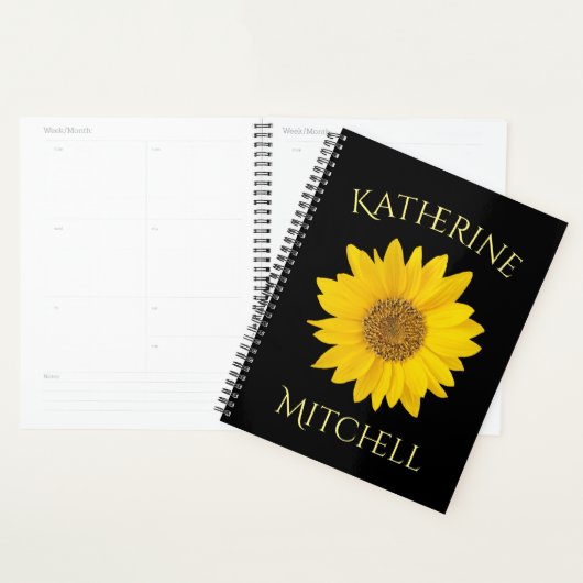 Geel Zonnebloem Custom Name Zwart Planner (Display)