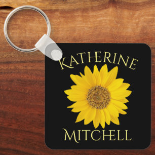 Geel Zonnebloem Custom Name Zwart Sleutelhanger