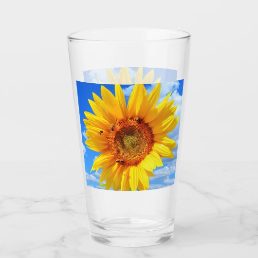 Geel Zonnebloem en Bijen op Blauw Hemelglas Glas (Voorkant)