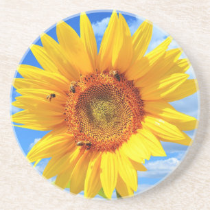 Geel Zonnebloem en Bijen op Blue Sky Onderzetter