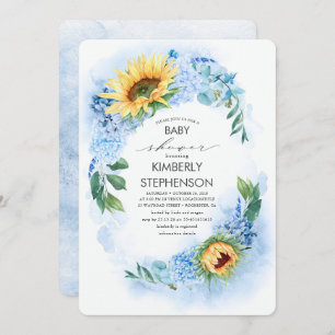 Geel Zonnebloem en Blauw Hydrangea Baby shower Kaart