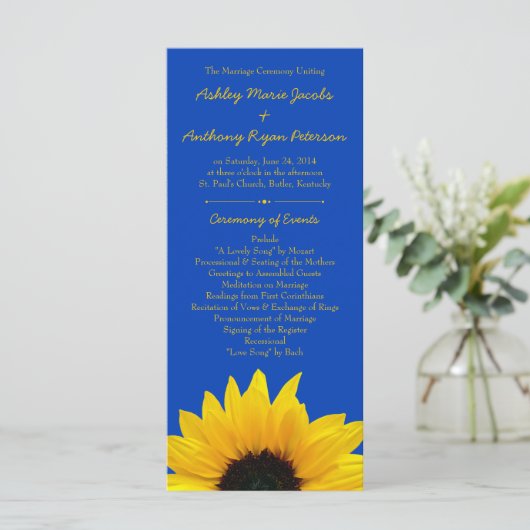 Geel Zonnebloem Kobalt Blauw Huwelijksprogramma Programma (Staand voorkant)