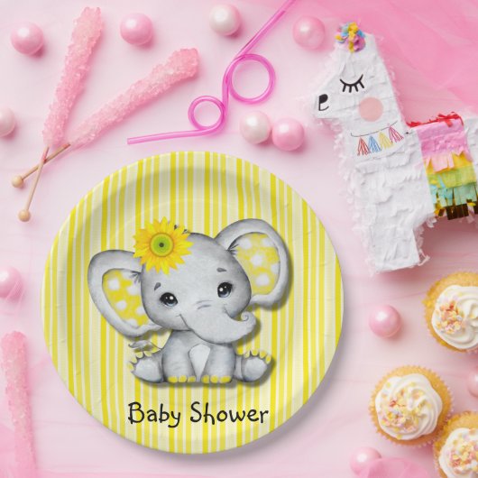 Geel zonnebloem olifant Baby shower Papieren Bordje (Feest)