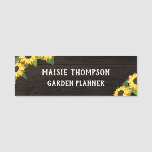 geel zonnebloemen & rustiek donker hout naamplaatje