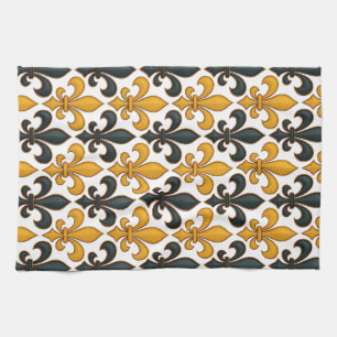 Geel Zwart Barok Fleur-de-lis Patroon Ontwerp Theedoek