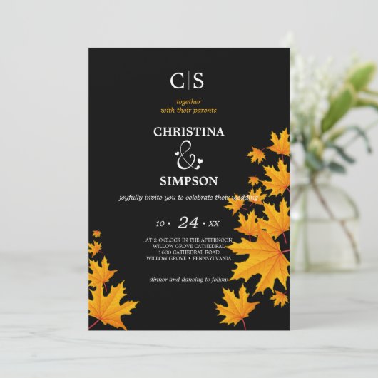 Geel & Zwart Classic herfst bladeren bruiloft Kaart (Staand voorkant)