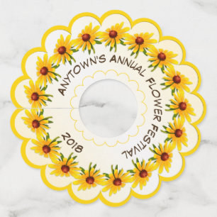 Geel Zwart-Eyed Susan Floral Fotografie Cirkel Wijnglaslabel