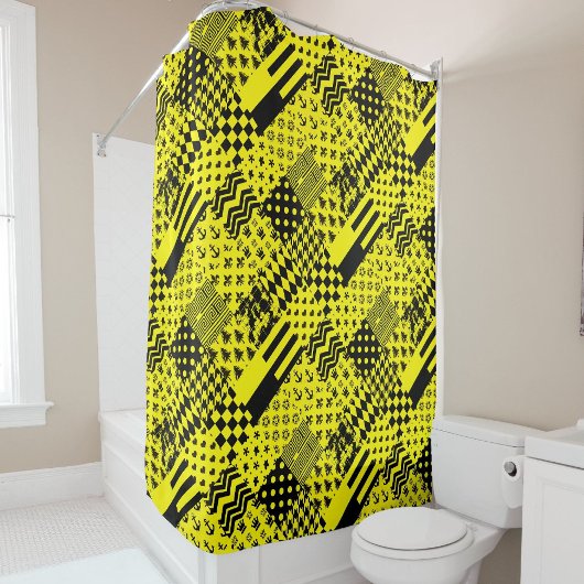 Geel Zwart Gemengde Patchwork Ontwerp Patchwork Douchegordijn