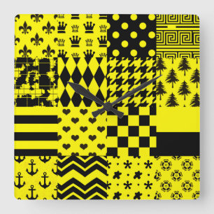 Geel Zwart Gemengde Patchwork Ontwerp Patchwork Vierkante Klok