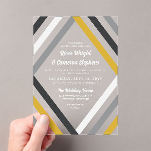 Geel Zwart Grijs Diamond Stripes Modern Wedding Acryl Uitnodigingen