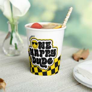 Geel zwart retro een gelukkige kerel 1e verjaardag papieren bekers