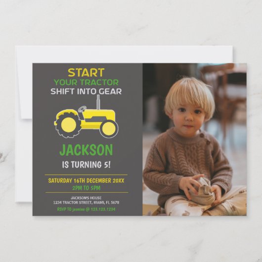 Geel & Zwart Tractor Verjaardag Uitnodigingen (Voorkant)