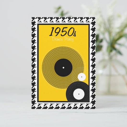 Geel, zwart, wit en ingecheckt 1950-thema RSVP kaartje (Staand voorkant)