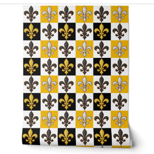 Geel Zwart Wit Geruit Fleur-de-lis Design Behang