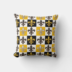 Geel Zwart Wit Geruit Fleur-de-lis Design Kussen