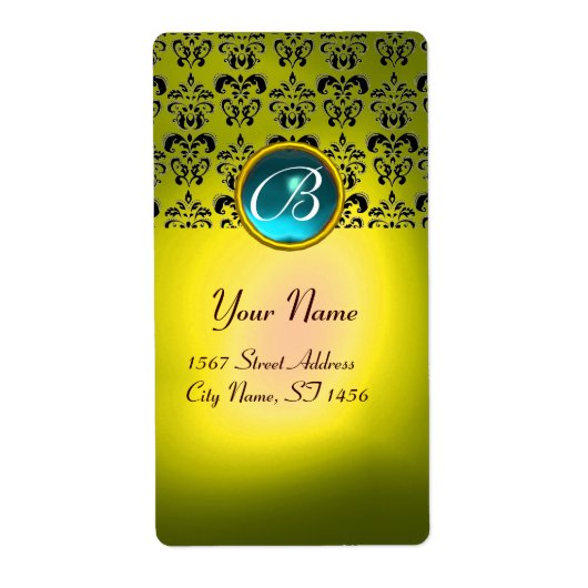 GEEL ZWARTE DAMASKMONOGRAM, aquamarineturkase Etiket (Voorkant)