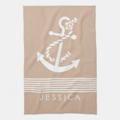 Geelbruine & witte strepen met nautisch anker theedoek (Verticaal)