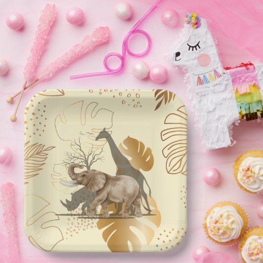 Geelgouden bladeren, olifant, giraf papieren borde papieren bordje (Feest)