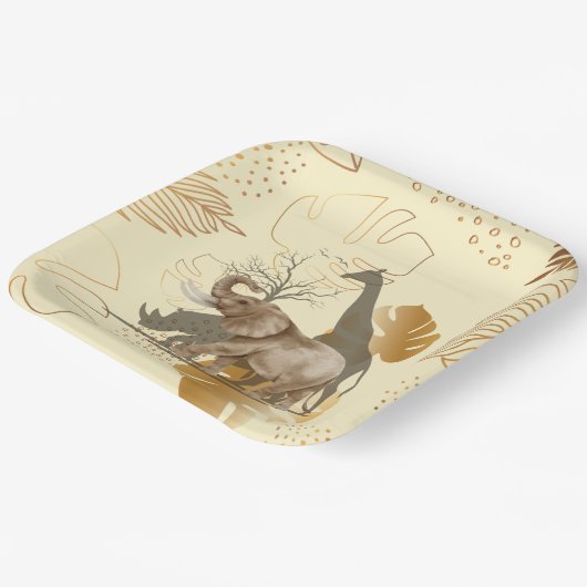 Geelgouden bladeren, olifant, giraf papieren borde papieren bordje (Gebogen)