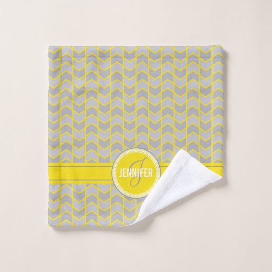 Geelgrijze chevron monogrammed naam bad handdoek (Wasdoekje)