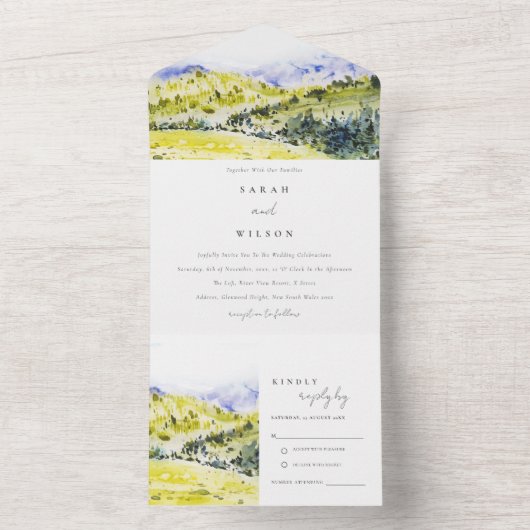 Geelgroene Aquarel Platteland Heuvels Bruiloft All In One Uitnodiging (Binnen)