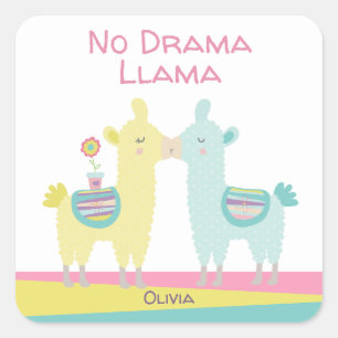 Geen Drama Llama Roze Gele Turquoise Naam School Vierkante Sticker