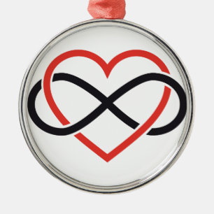 geen einde aan liefde, rood hart met oneindig teke metalen ornament